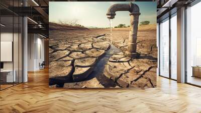 Dry cracked desert with old water pipe. Water scarcity concept. Generative ai Wall mural