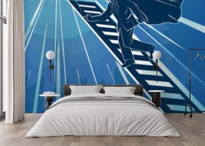 Dynamic Superhero Climbing Ladder Towards Bright Future Concept Illustration Wall mural