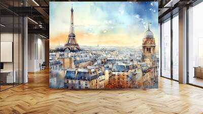 eiffel tower city , watercolor cityscape Paris , generative ai Wall mural