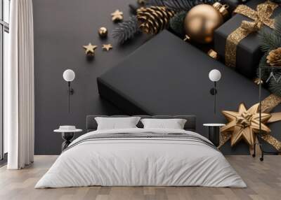 Elegant black and gold holiday gifts with ornaments and pine clusters Wall mural