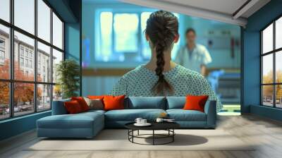 female patient sitting on a medical table wearing a hospital gown. Wall mural