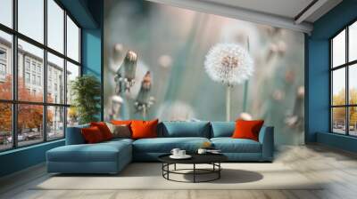 Fluffy dandelions on a beautiful sunny background. Gentle summer art image. Selective focus. Wall mural