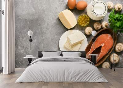 Food with vitamin D. A set of products rich in vitamin D. Top view, flat lay, copy space. Wall mural