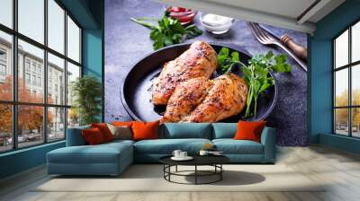 Grilled chicken breast or fillet on iron pan Wall mural