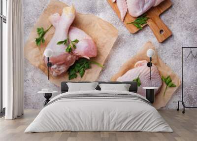 Raw chicken meat fillet, thigh, wings and legs Wall mural