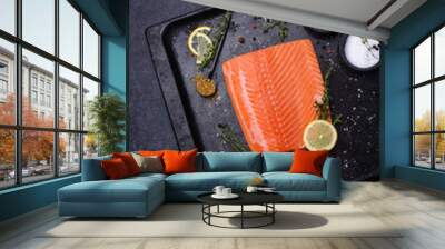 Raw salmon fillet with herbs Wall mural