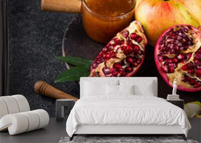 Rosh Hashana concept with honey, apple and pomegranate Wall mural