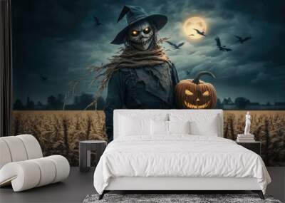 Scary scarecrow in the field. Halloween concept. Generative ai Wall mural