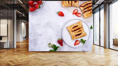 Sweet puff pastry cakes with strawberry Wall mural