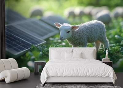 Green Energy Solar Panels with Sheep in Sunny Field Wall mural