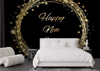 Happy New Year gold inscription in a gold glitter circle for Christmas holiday greeting card, flyers or posters. Vector illustration. Wall mural