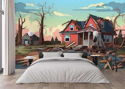 Illustration depicting houses destroyed in the aftermath of a catastrophic tornado Wall mural