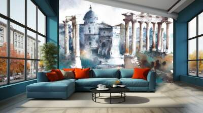 Italy Rome landmark Forum ancient buildings ruins watercolor painting illustration travel destination Wall mural