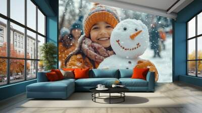 Joyful winter day in snowy park with families from diverse backgrounds Wall mural