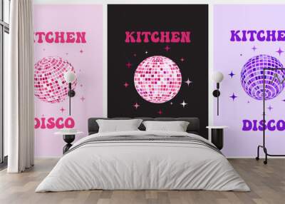 Disco ball poster. Kitchen disco, boogie, 70s good vibes. Music, parties, festivals. Retro and vintage print. Wall mural