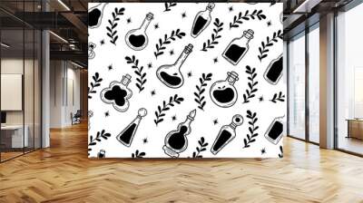 Seamless pattern made with potion bottles and botanical elements. Wall mural