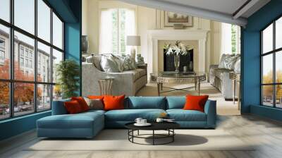 Luxury villa interior with design furniture and fireplace. 3d rendering Wall mural