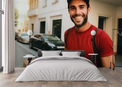 Male delivery person holding pizza box while standing at doorway. Generative ai Wall mural