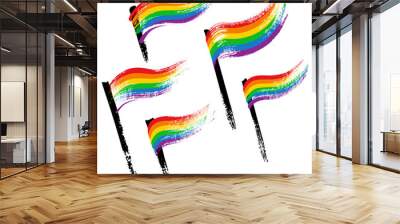 Bright hand drawn illustration isolated on white background. Rainbow textured bands. Set of color grunge flags. Gay pride LGBT symbol. Wall mural