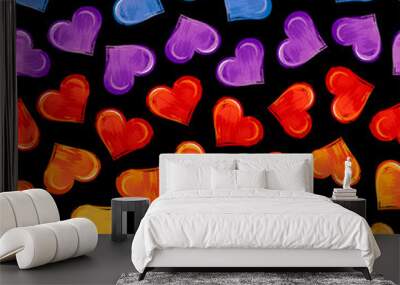 Bright seamless pattern with colorful hearts on black background. LGBT pride symbols. Wall mural