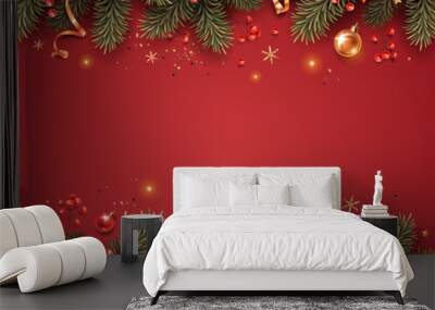 Horizontal banner with gold and green Christmas symbols and text. Christmas tree, balls, golden tinsel confetti and snowflakes on a red background.
 Wall mural