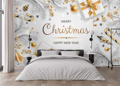 Horizontal banner with gold and silver Christmas symbols and text. Christmas tree, gifts, decoration and other festive elements on white background. Wall mural