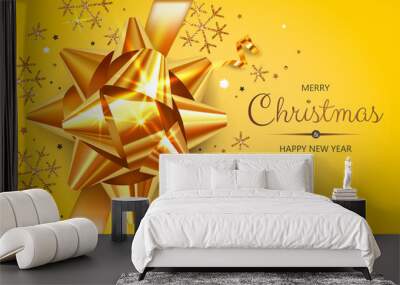 Horizontal banner with gold Christmas symbols and text. Christmas gift, bow, serpentine and snowflakes on yellow background. Wall mural