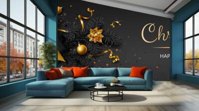 Horizontal banner with gold Christmas symbols and text. Christmas tree, gift, balls, ribbons and other festive elements on black background. Wall mural