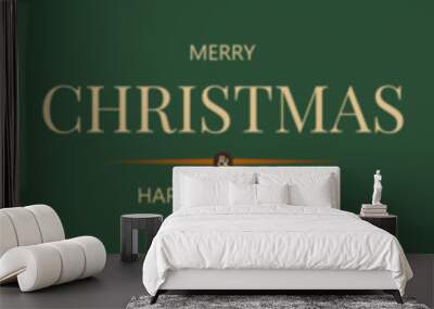 Horizontal banner with gold Christmas symbols and text. Christmas tree, gift, golden tinsel confetti and snowflakes on green background. Header for website template. Wall mural