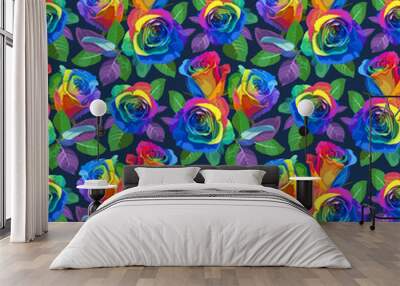 Seamless pattern - multicolored Roses on dark background. Wall mural