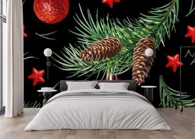 Seamless pattern with Christmas symbol - Christmas tree with cones, stars and balls on black background.  Wall mural