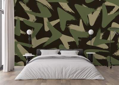 Seamless vector camouflage pattern with green brushstrokes isolated on dark green background. Wall mural