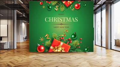 Square banner with gold and red Christmas symbols and text. Christmas tree, gifts, golden tinsel confetti and snowflakes on green background. Header for website template.
 Wall mural