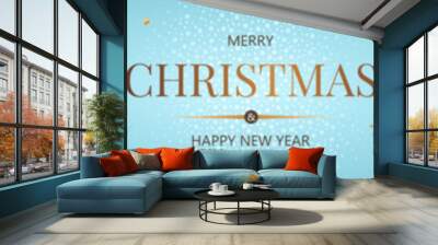 Square banner with red and gold Christmas symbols and text. Christmas tree, gifts, golden tinsel confetti and snowflakes on blue background. Header for website template.
 Wall mural