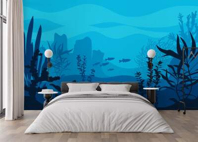 Vector ocean world. Deep seascape with seaweeds, fish and corals. Aquatic ecosystem. Blue background. Illustration of undersea bottom. Wall mural