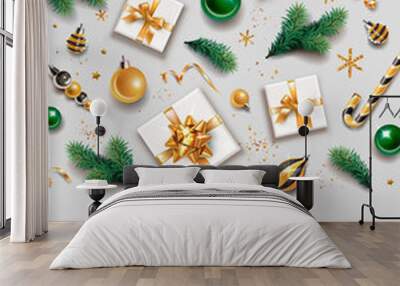 Vertical banner with gold Christmas symbols and text. Christmas tree, gift, golden tinsel confetti and snowflakes on light background. Header for website template.
 Wall mural