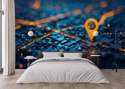 One big abstract pin icon on the city map Transportation delivery, map location, transport logistics, tourism navigation, concept. Gps navigation, new location. Blue background Wall mural