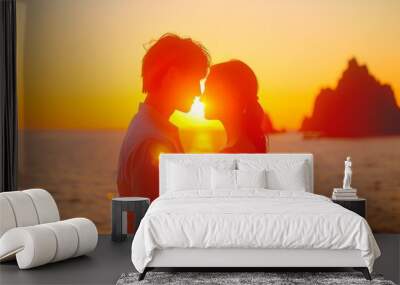 Romantic Couple Embracing at Sunset on the Beach - Dreamy Love Scene Wall mural