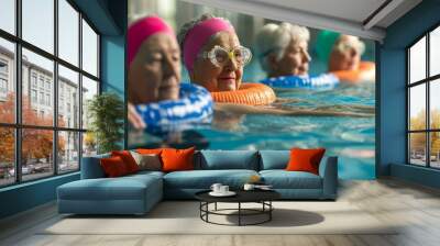 Senior women having swimming lesson with swim noodles in the indoor pool. Wall mural