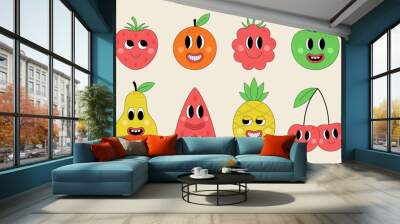 Set of funny groovy fruits. Cute simple character faces. Hippie stickers in trendy retro style. Vector illustration Wall mural