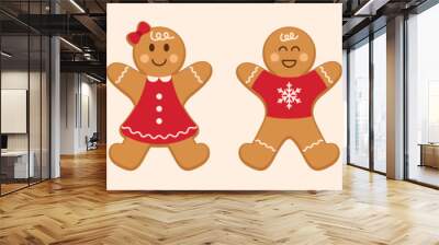 Set of gingerbread man and woman sweet cookies. Holiday winter Christmas symbols. Vector illustration. Wall mural