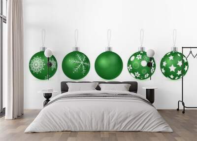 set of vector green glossy christmas tree balls with pattern hanging on silver eyelets on white background. 3D illustration. Wall mural