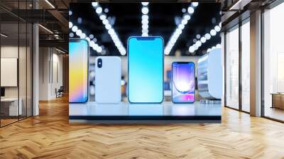 Showcase of modern smartphones and gadgets under bright studio lights Wall mural