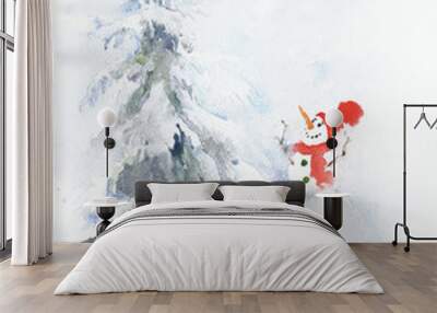 Snowman and christmas tree watercolor painting greeting card Wall mural