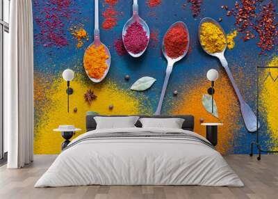 Spices with spoons on a blue background. Bright multicolored background of spices. Top view. Wall mural