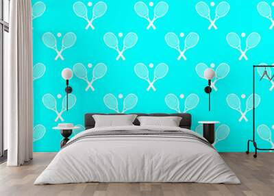 Sports seamless pattern with tennis icons in flat design style white silhouette on blue design Wall mural