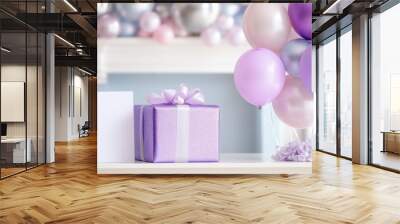 Surprise birthday gift with holographic wrap and pastel balloons for celebration decor Wall mural