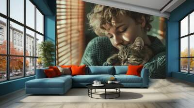 The woman hugging a cat Wall mural