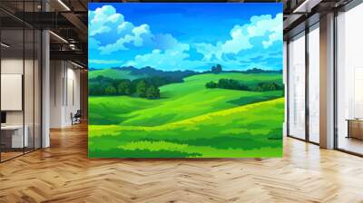 Vector landscape. Blue sky with white clouds and green hills, separated  by ravines. Wall mural