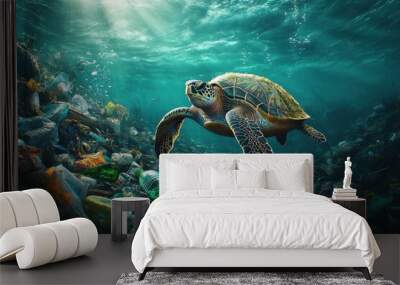 Vibrant marine life encounter amid ocean pollution Wall mural